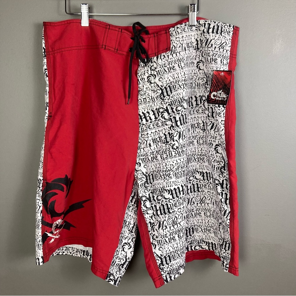 WRV board shorts size 38 deadstock y2k surf loud pattern graffiti spell out red